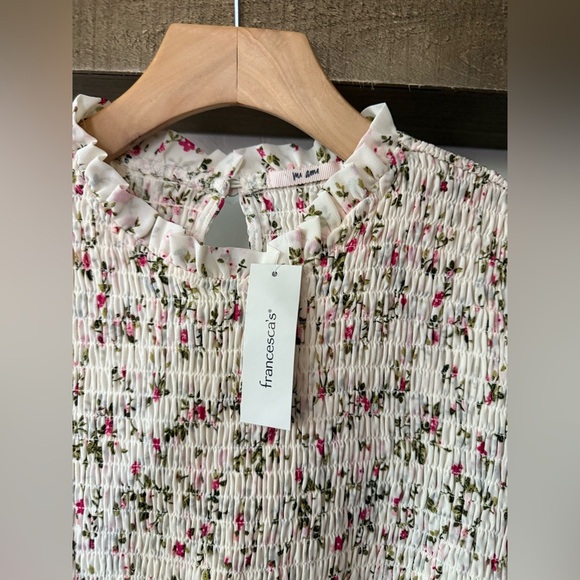 Francesca’s|Mi Ami White Ditsy Floral Smocked Blouse, long sleeve in peplum••NWT - Picture 5 of 10